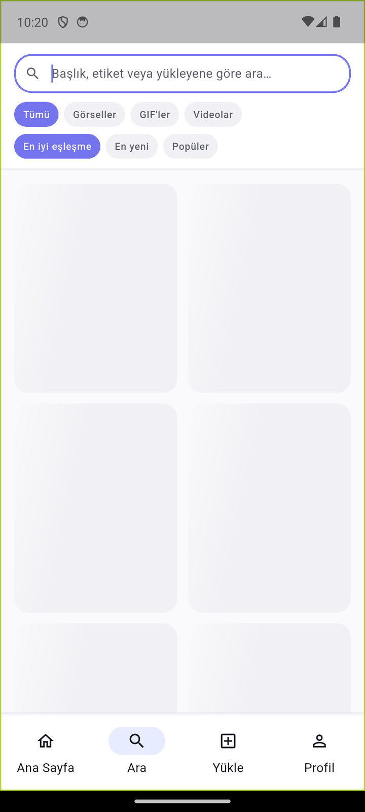Memehub mobil arama ekranı — filtre çipleri ve sonuç ızgarası